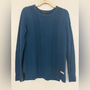 Noel Asmar Women’s XS Blue Cable Knit Crewneck Elbow Patch Sweater Cashmere Wool
